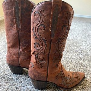 Women's Dan Post Boots 12" Goat/Inlay Cowboy Boots Size 8.5